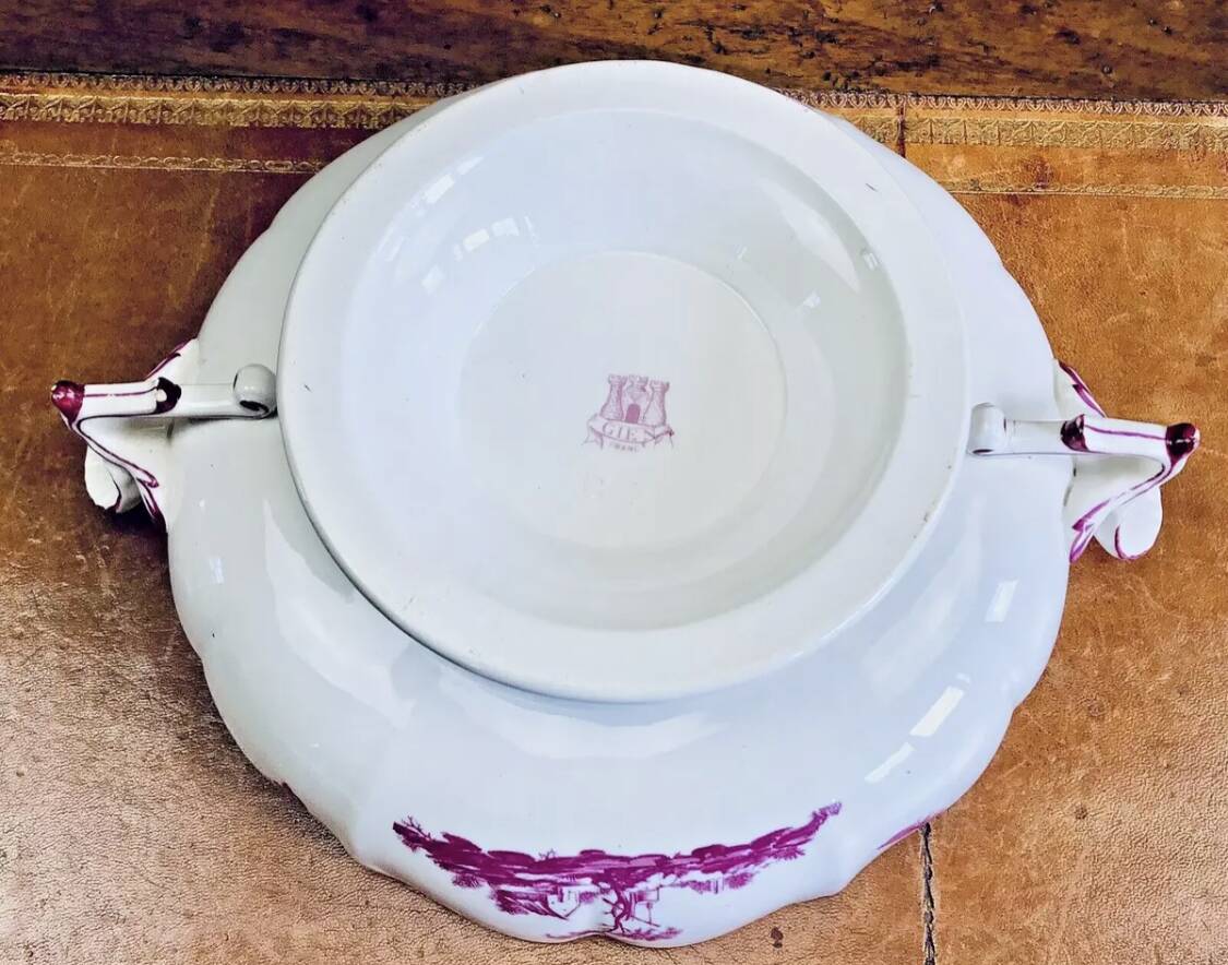Old small Gien earthenware vegetable soup tureen, pink landscape model