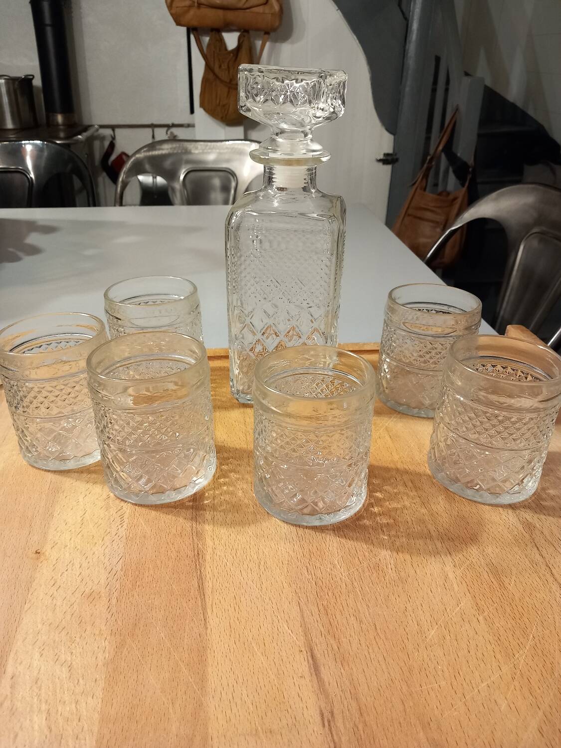 Whiskey service in glass carafe and 6 glasses