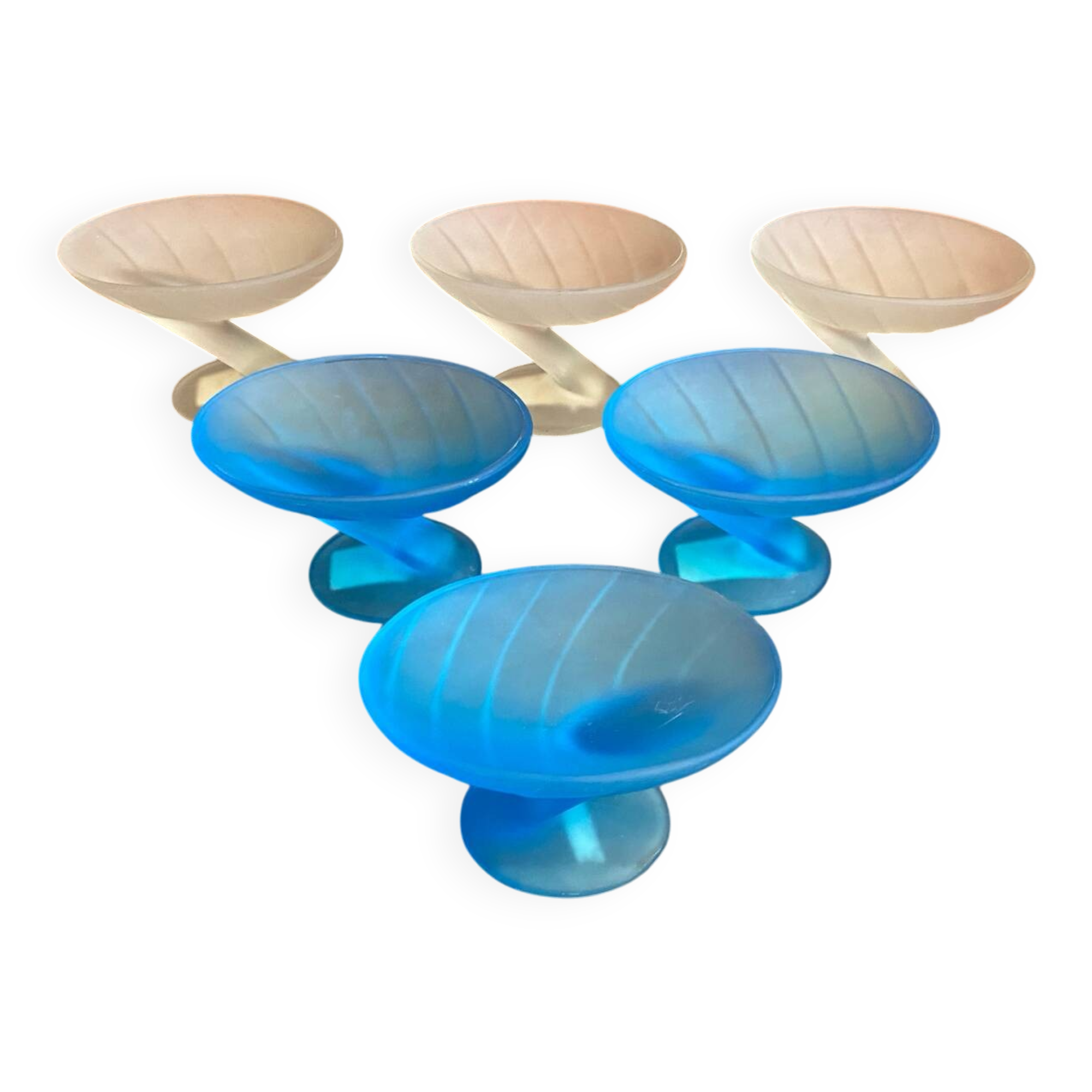 Set of 6 zig zag design ice cream bowls la rochere frosted glass france