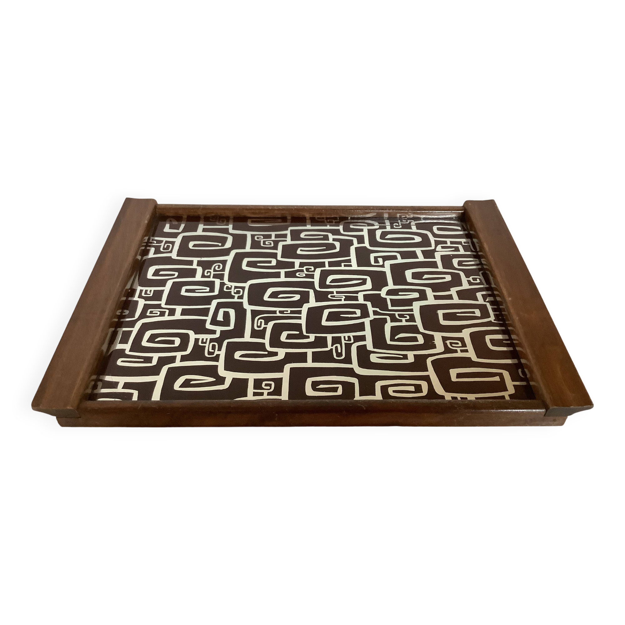 Vintage wooden tray with psychedelic Art Deco patterns.