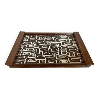 Ancien plateau bois aux motifs psychédéliques art déco