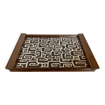 Vintage wooden tray with psychedelic Art Deco patterns.