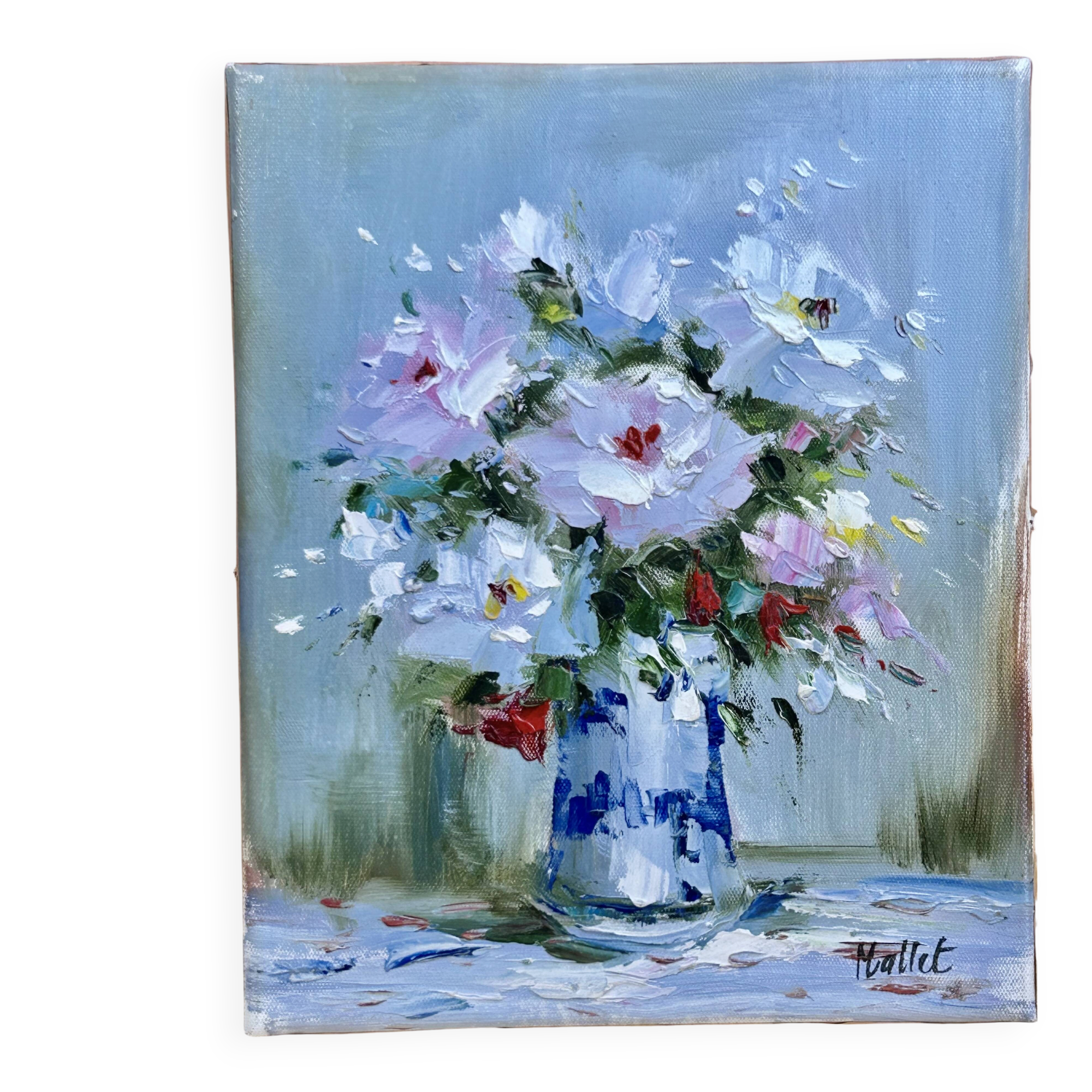 Tableau huile sur toile, Bouquet de Fleurs, Signé Mallet