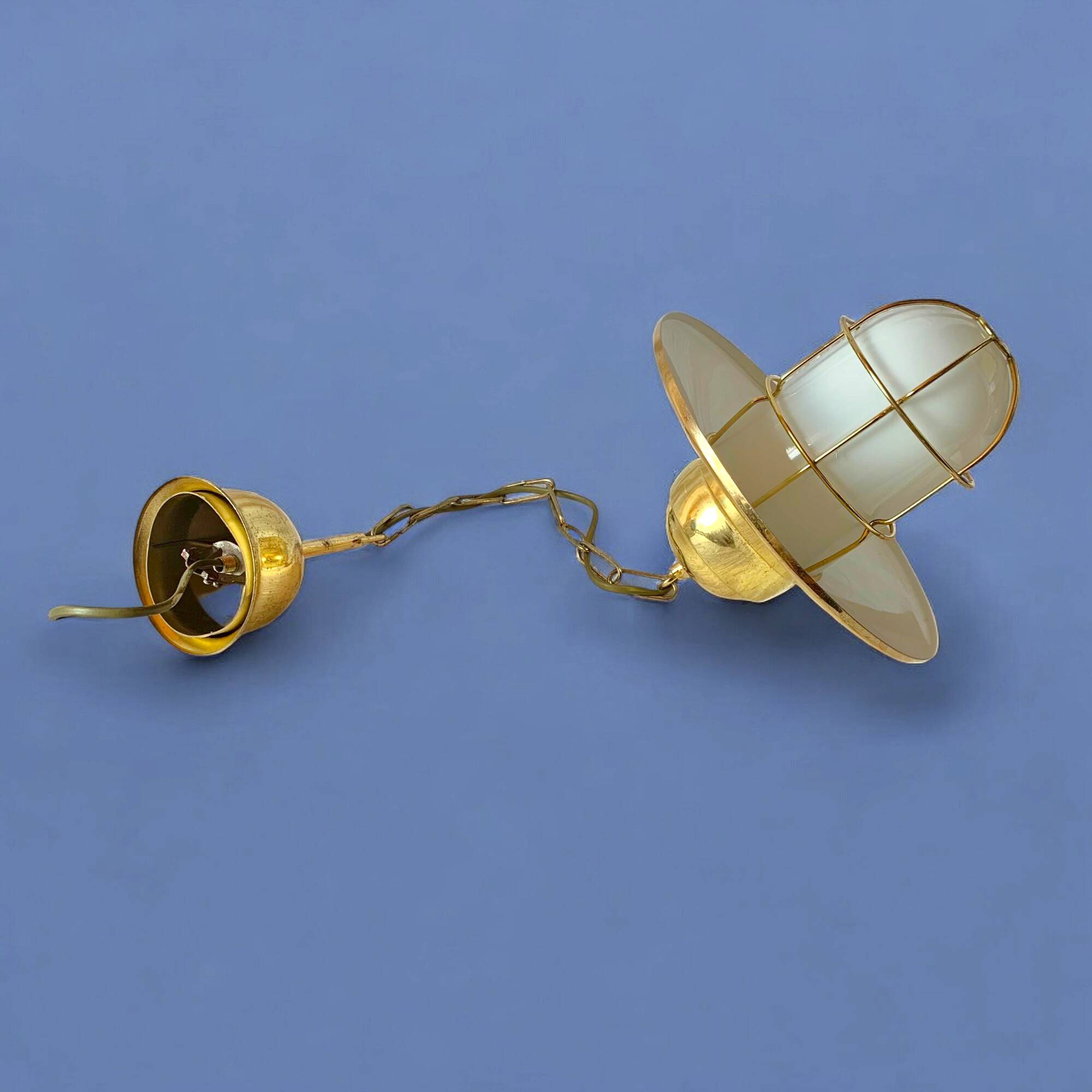 Vintage pendant light in gold metal and white opaline