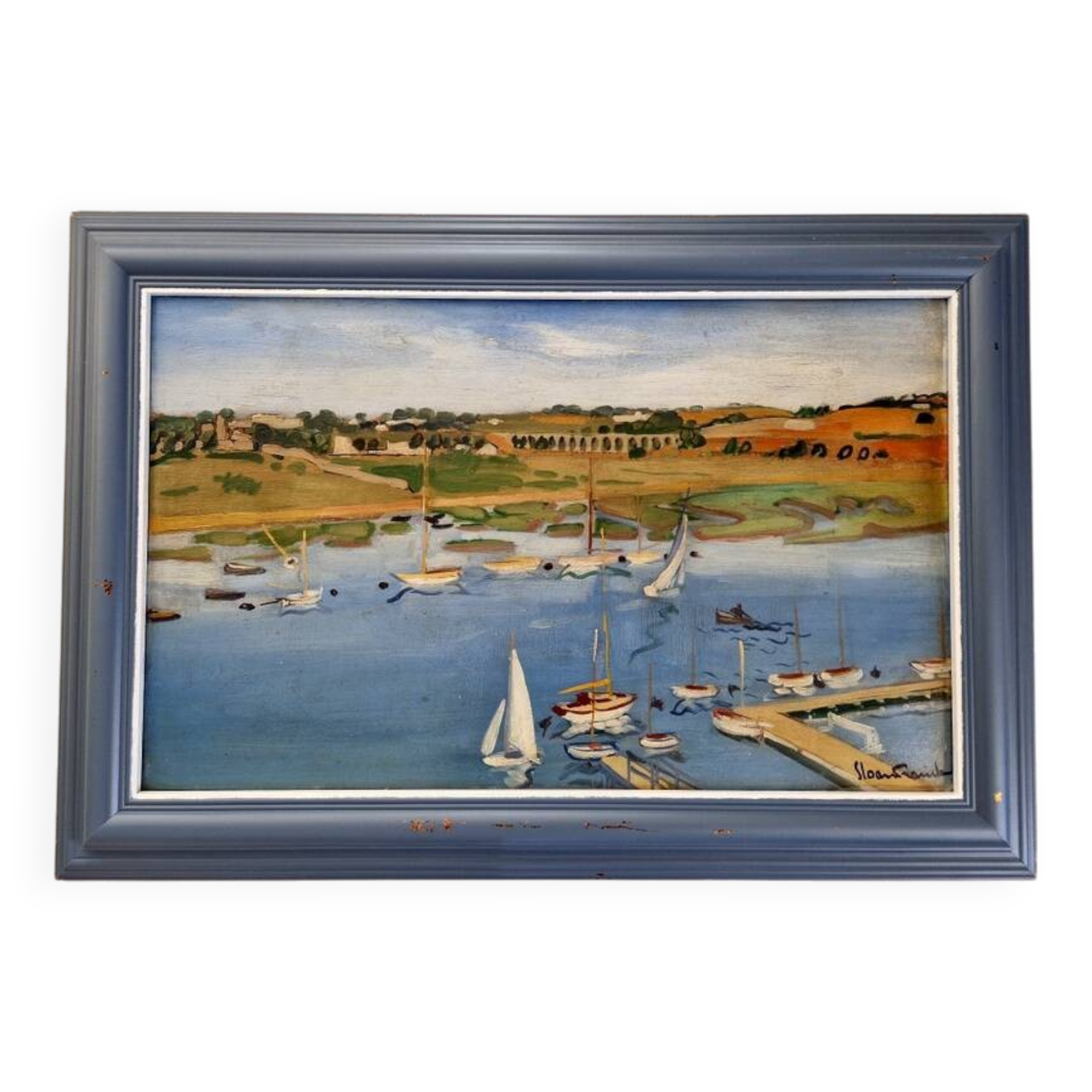 Frank Sloan (1900-1984) - Oil on hardboard - Sailboats near the bridge