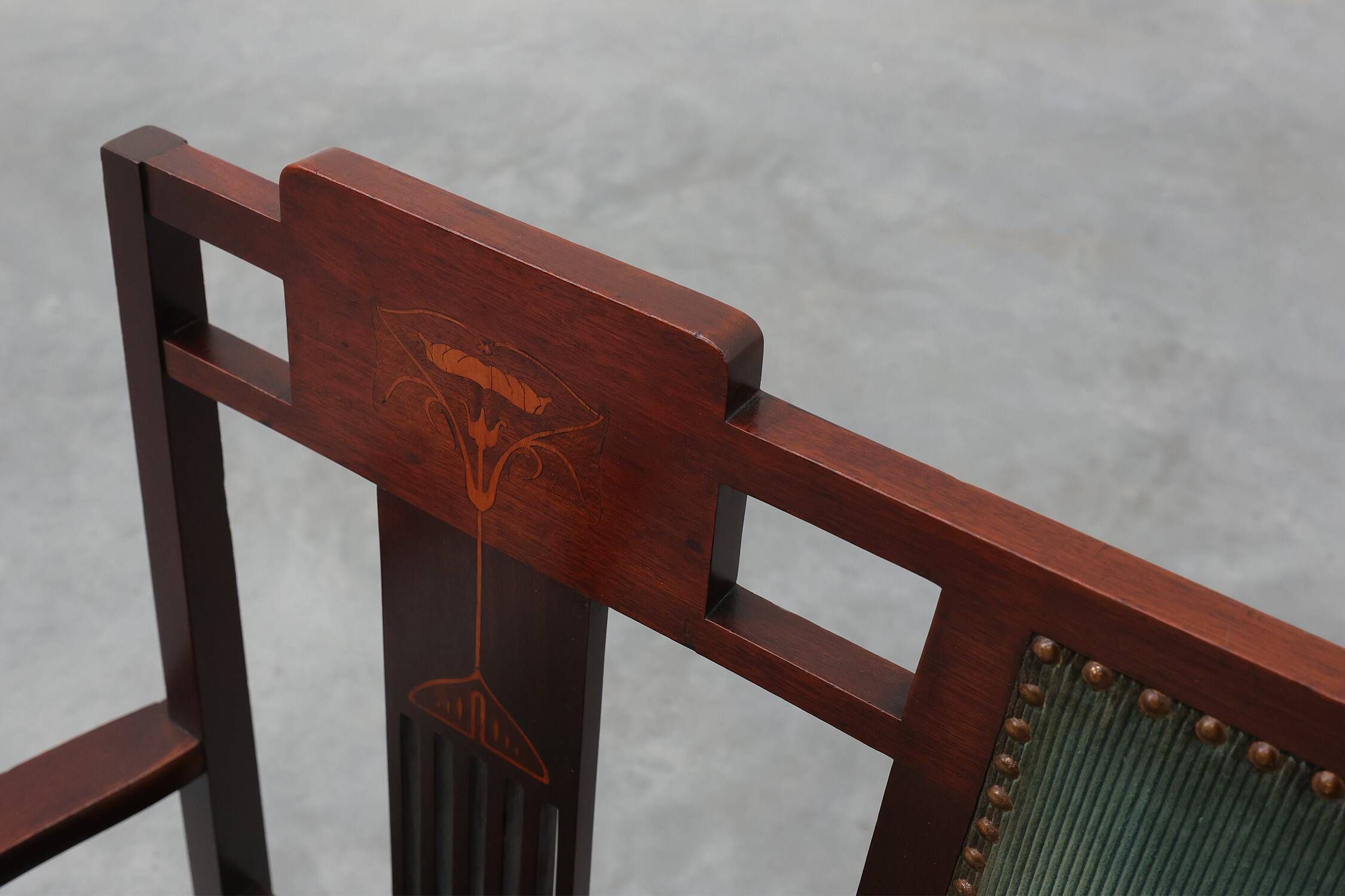 Art Nouveau Walnut Settee with Floral Marquetry, Belgium, ca. 1900
