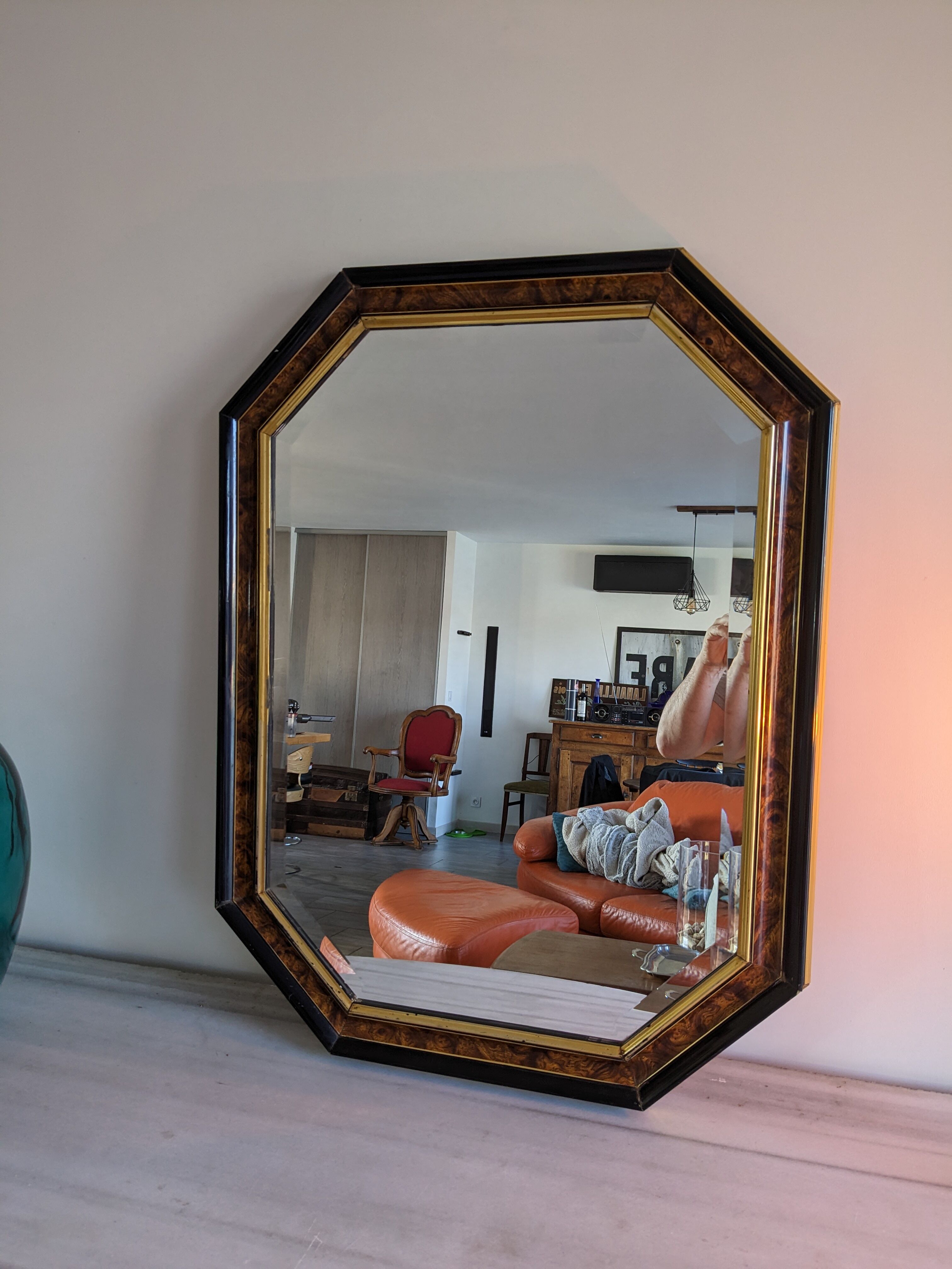 Octagonal vintage marbled mirror brown 61 x 82 cm