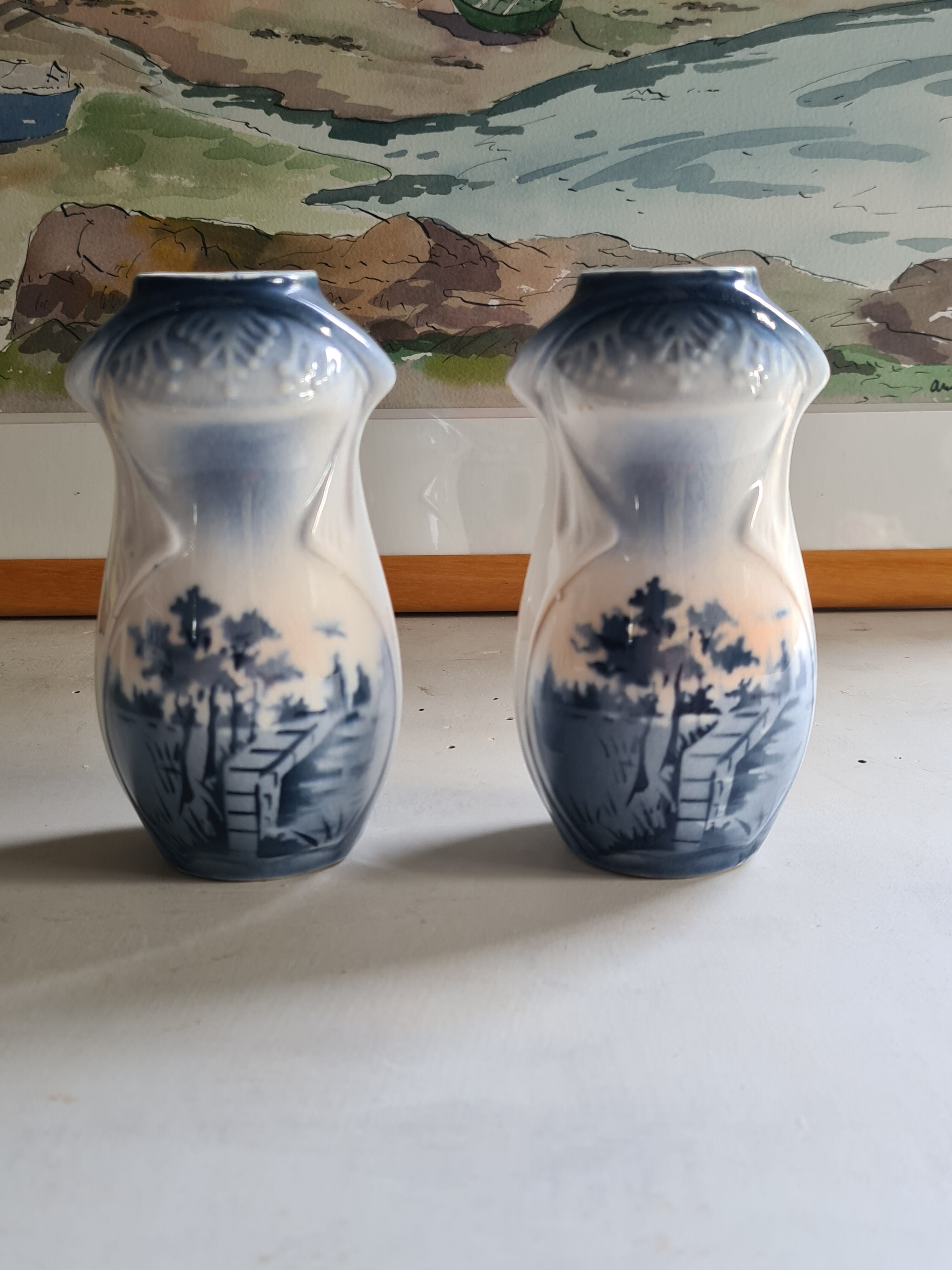 Pair of small Art Nouveau vases from Northern faience with blue decoration