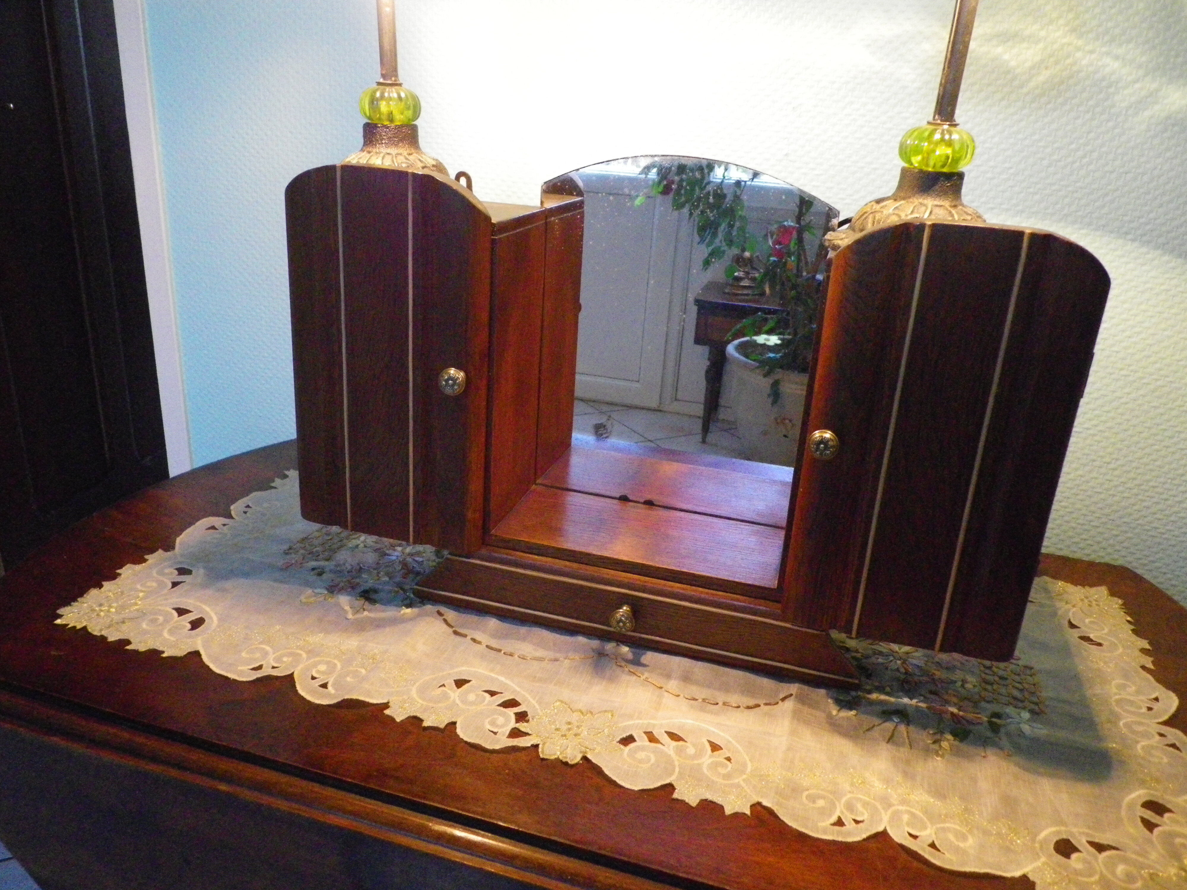 Art Deco extra furniture 1920/1940 to install or fix, wooden, central mirror, 2 doors, 1 drawer