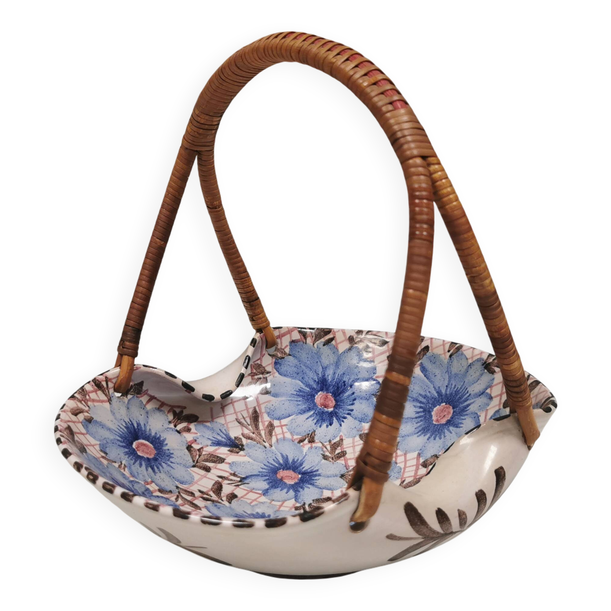 Beautiful small painted ceramic basket with woven handle