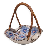 Beautiful small painted ceramic basket with woven handle