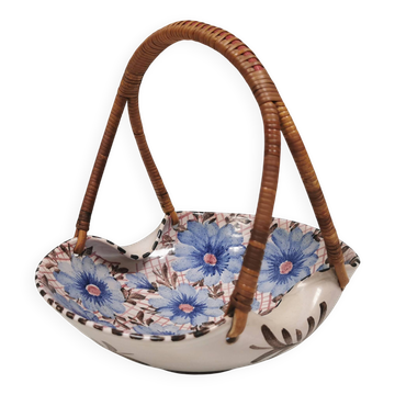Beautiful small painted ceramic basket with woven handle