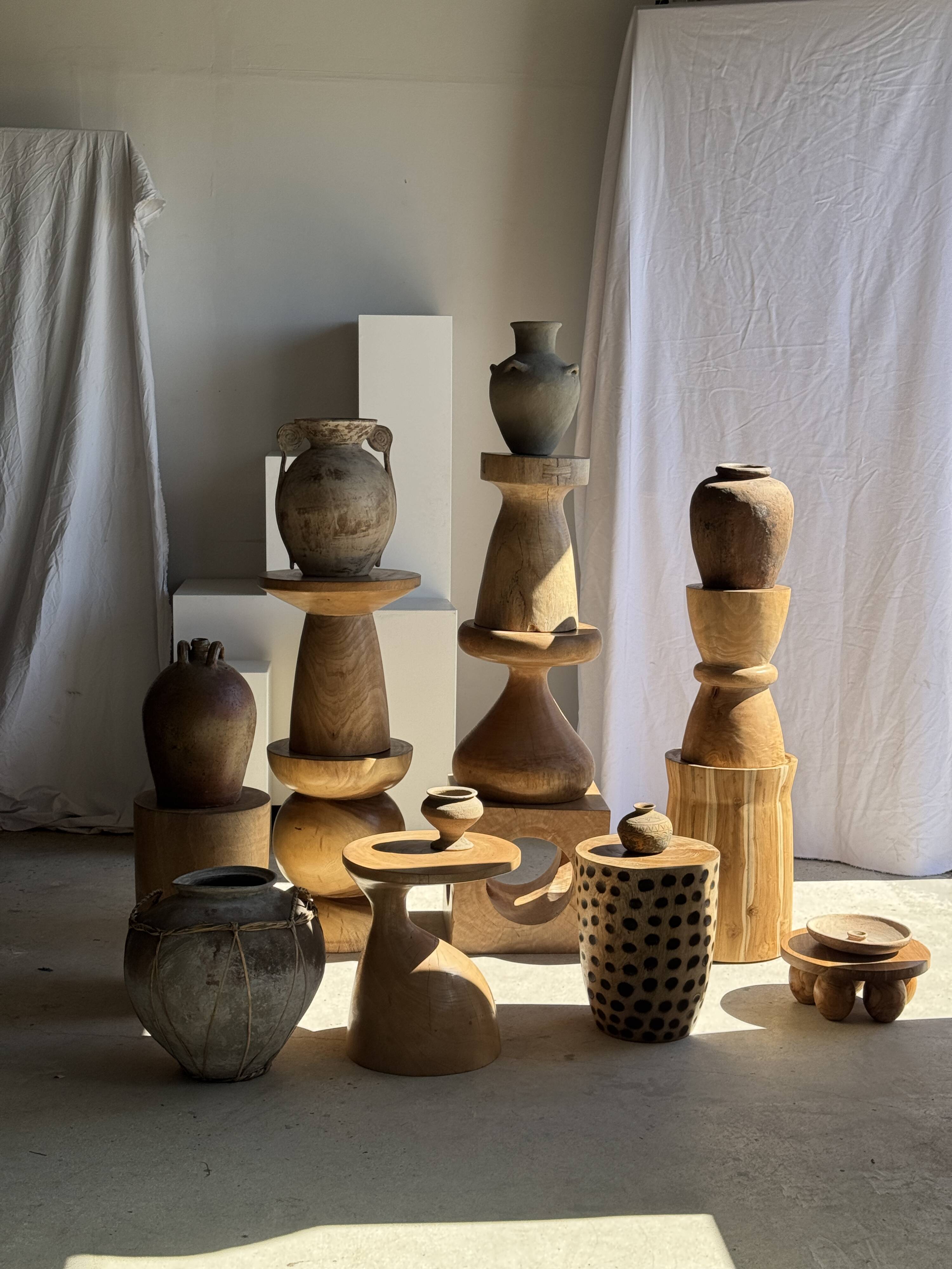 Stool, side table, cylindrical solid mango wood end table.