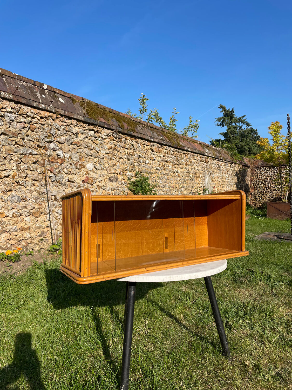 Vintage wall display case 1950 oak and wicker