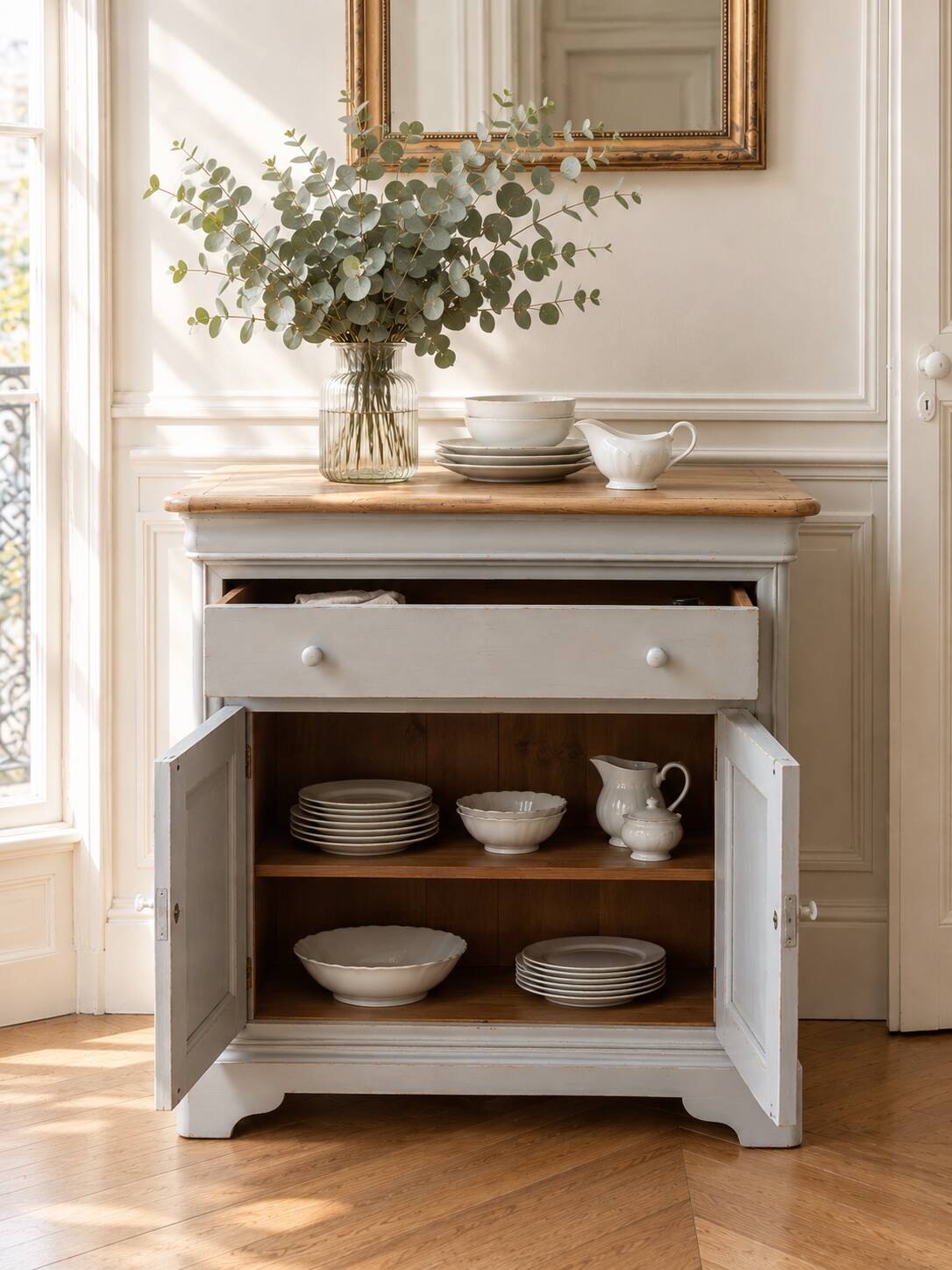 Buffet style Louis-Philippe in cherry wood – pearl grey & natural wood.