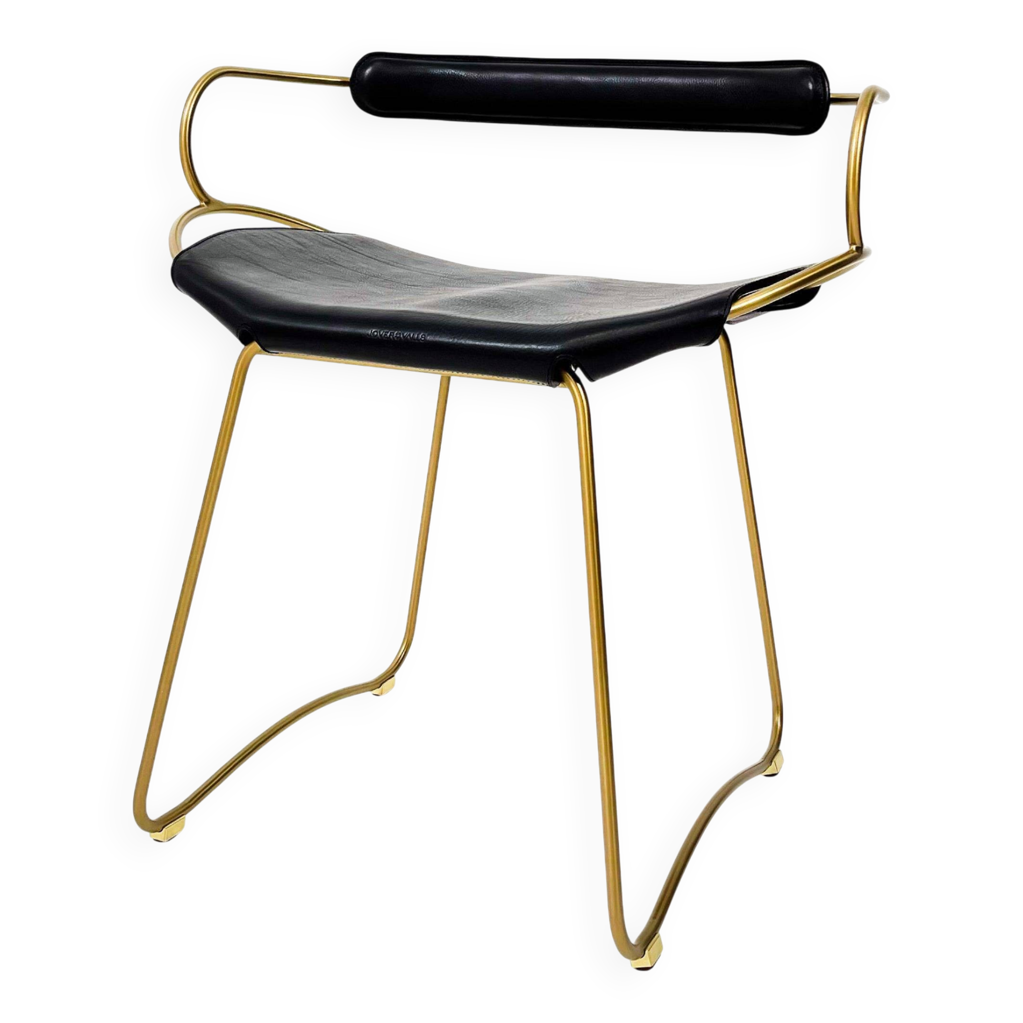 Contemporary Bar Stool with Backrest in Aged Brass Metal and Organic Black Leather