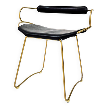 Tabouret de Bar Contemporain avec Dossier en Métal Laiton Vieilli et Cuir Noir Organiques