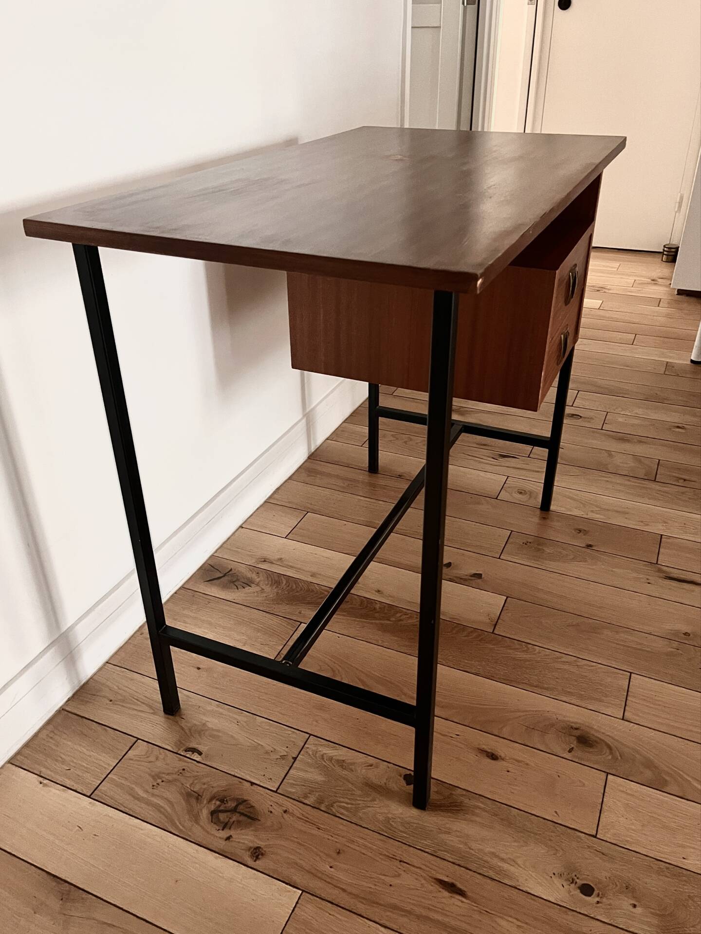 Vintage wooden metal desk design from the 1950s.