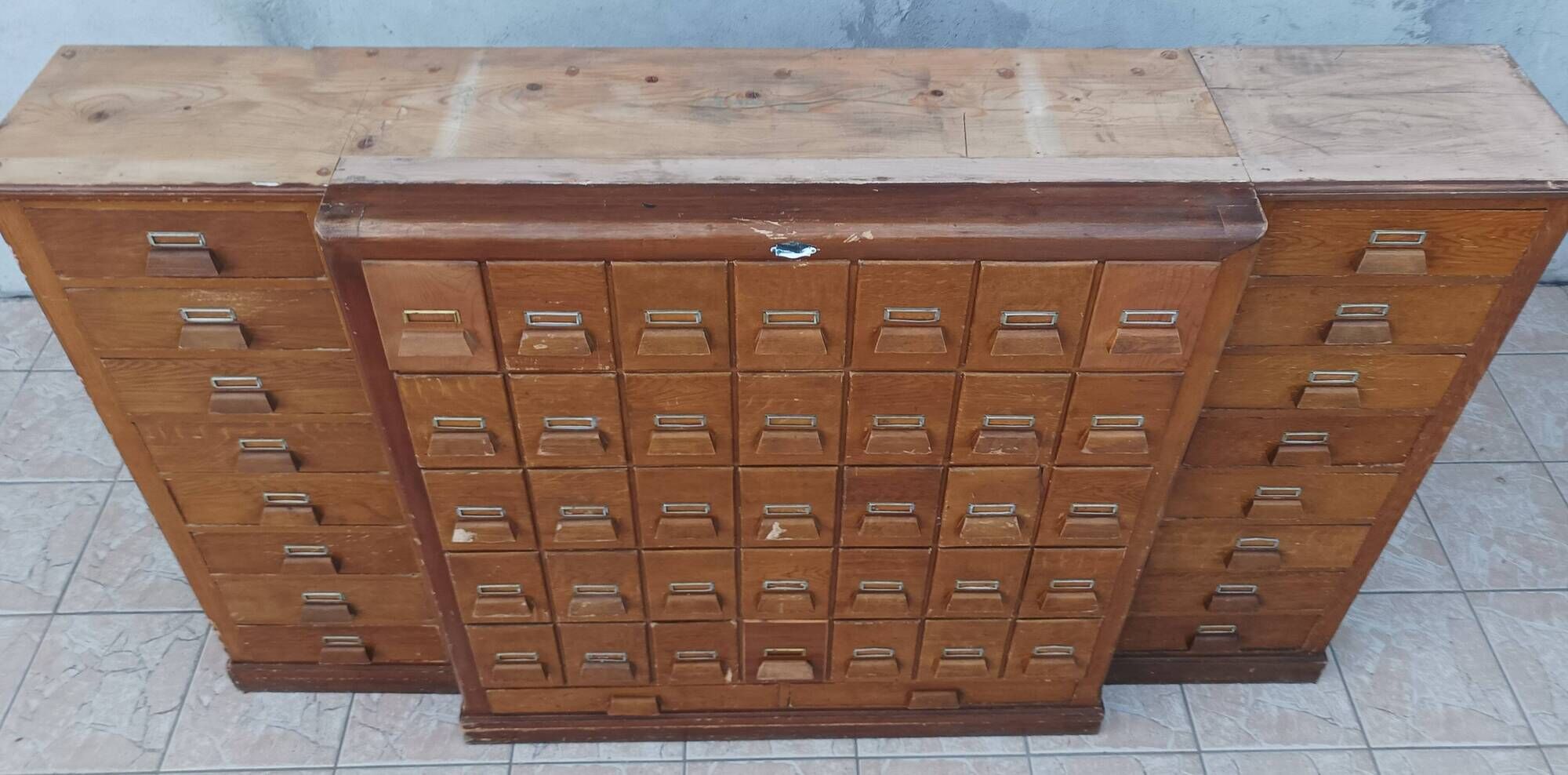 Apothecary or trade cabinet in fir with 53 drawers.
