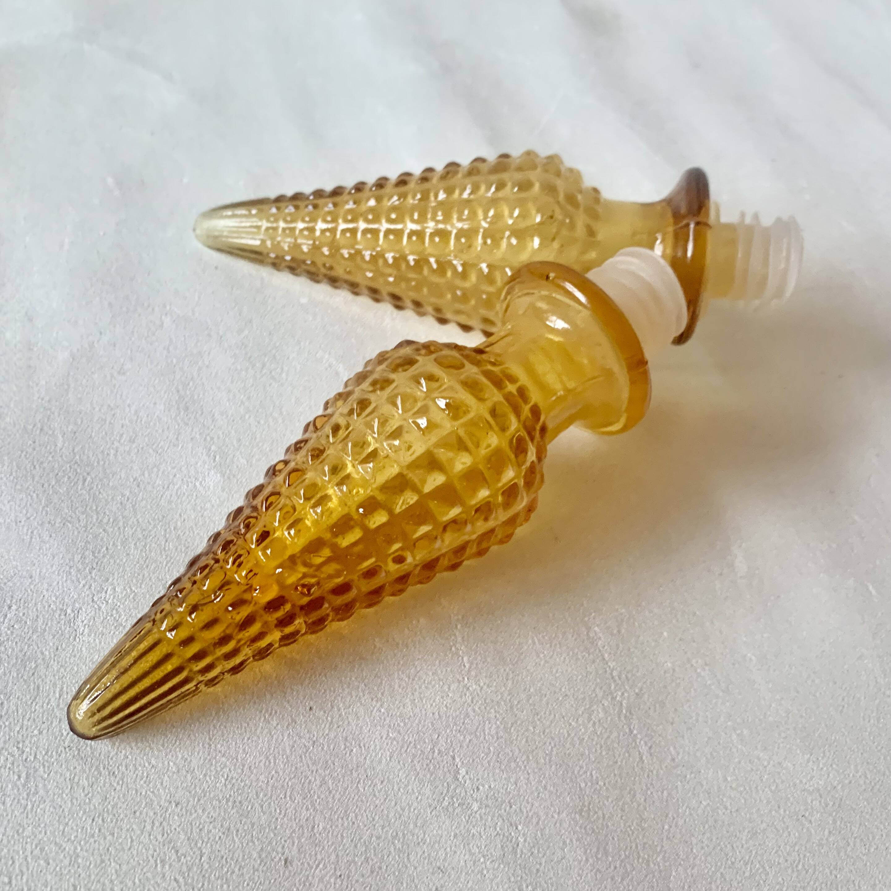 Pair of vintage amber yellow Empoli glass decanters