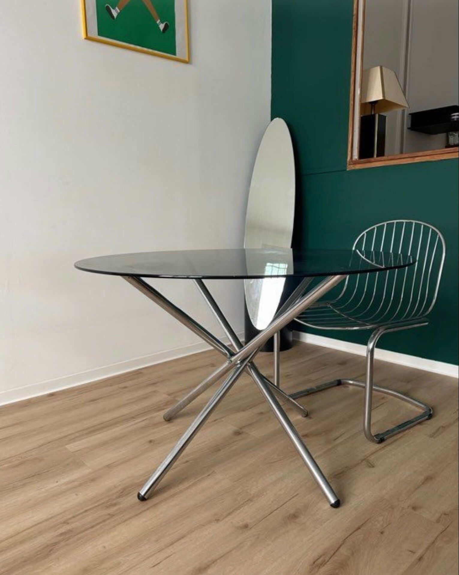 Table à manger plateau verre pieds chrome année 70