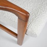 Fauteuil bouclé original Baczyk, restauré, blanc, teck