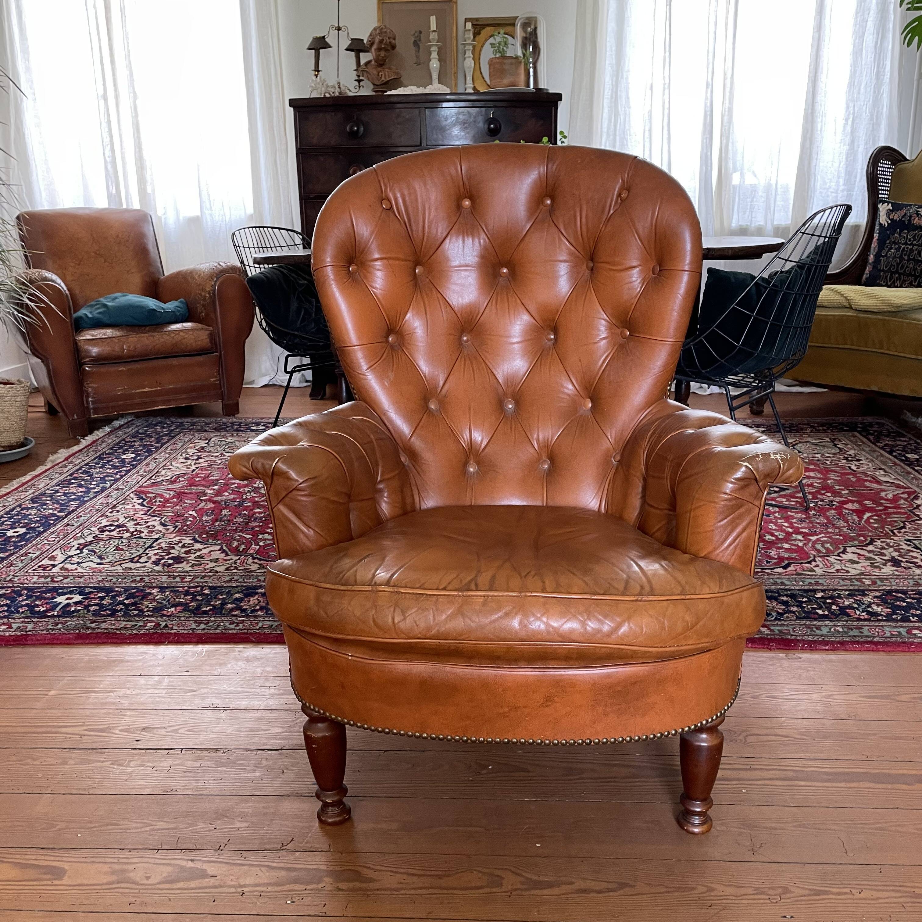 Chesterfield style cognac leather armchair