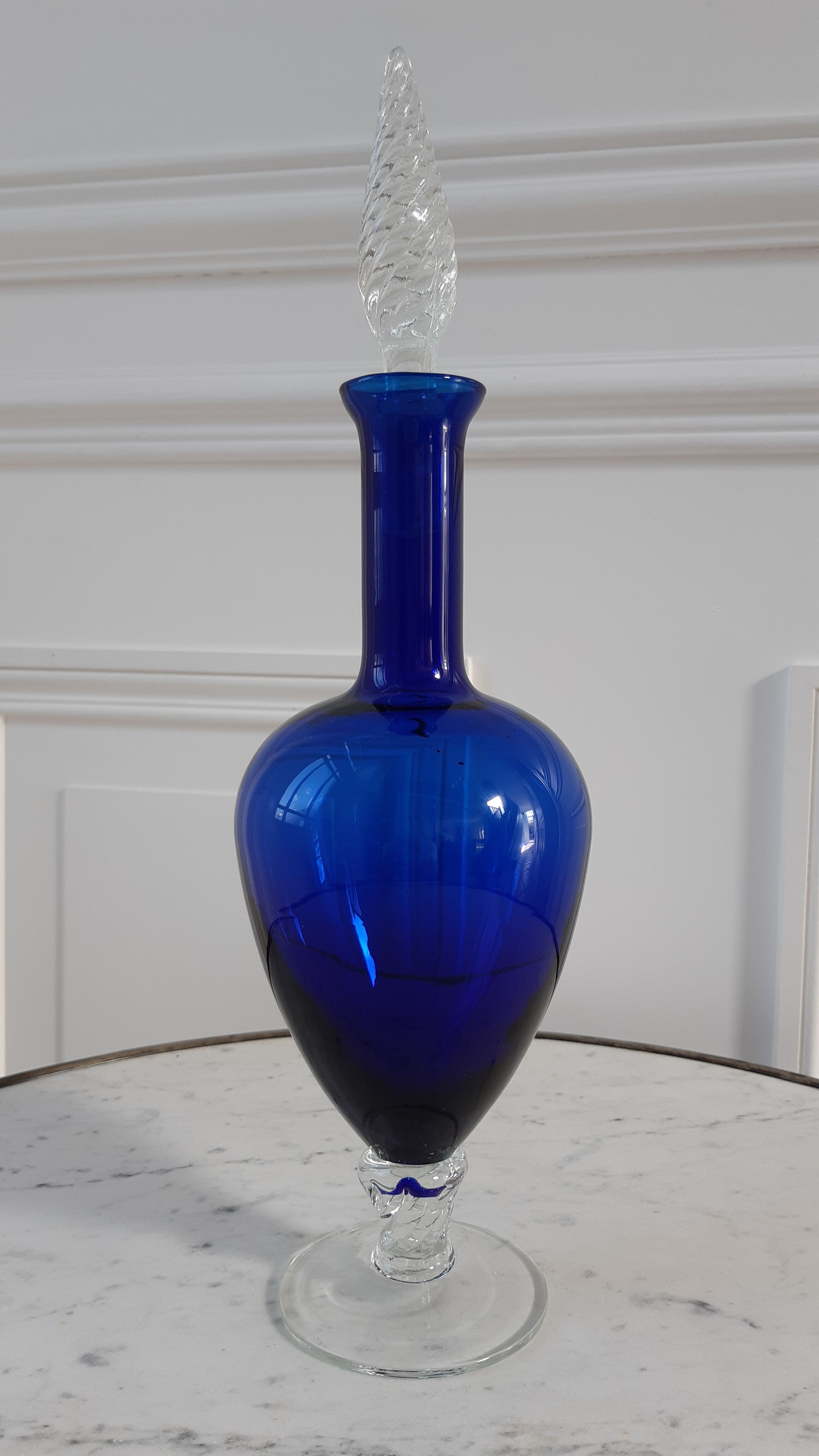Duo of royal blue and green polished glass decanters 60s-70s