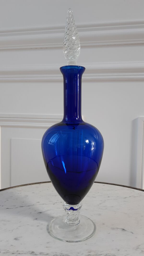 Duo de carafes en verre empoli bleu roi et vert années 60-70