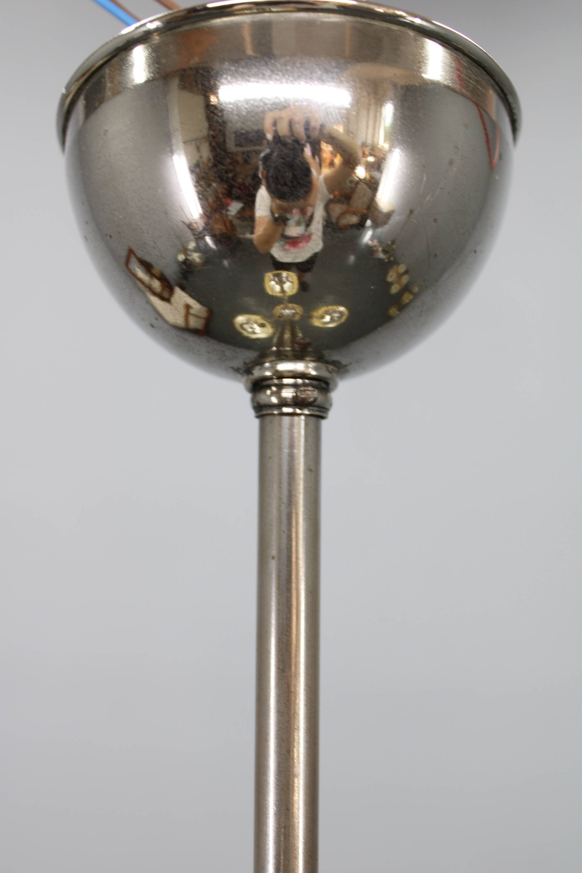 Art Deco nickel chandelier with cream glass cylinders, Czechoslovakia, 1930s