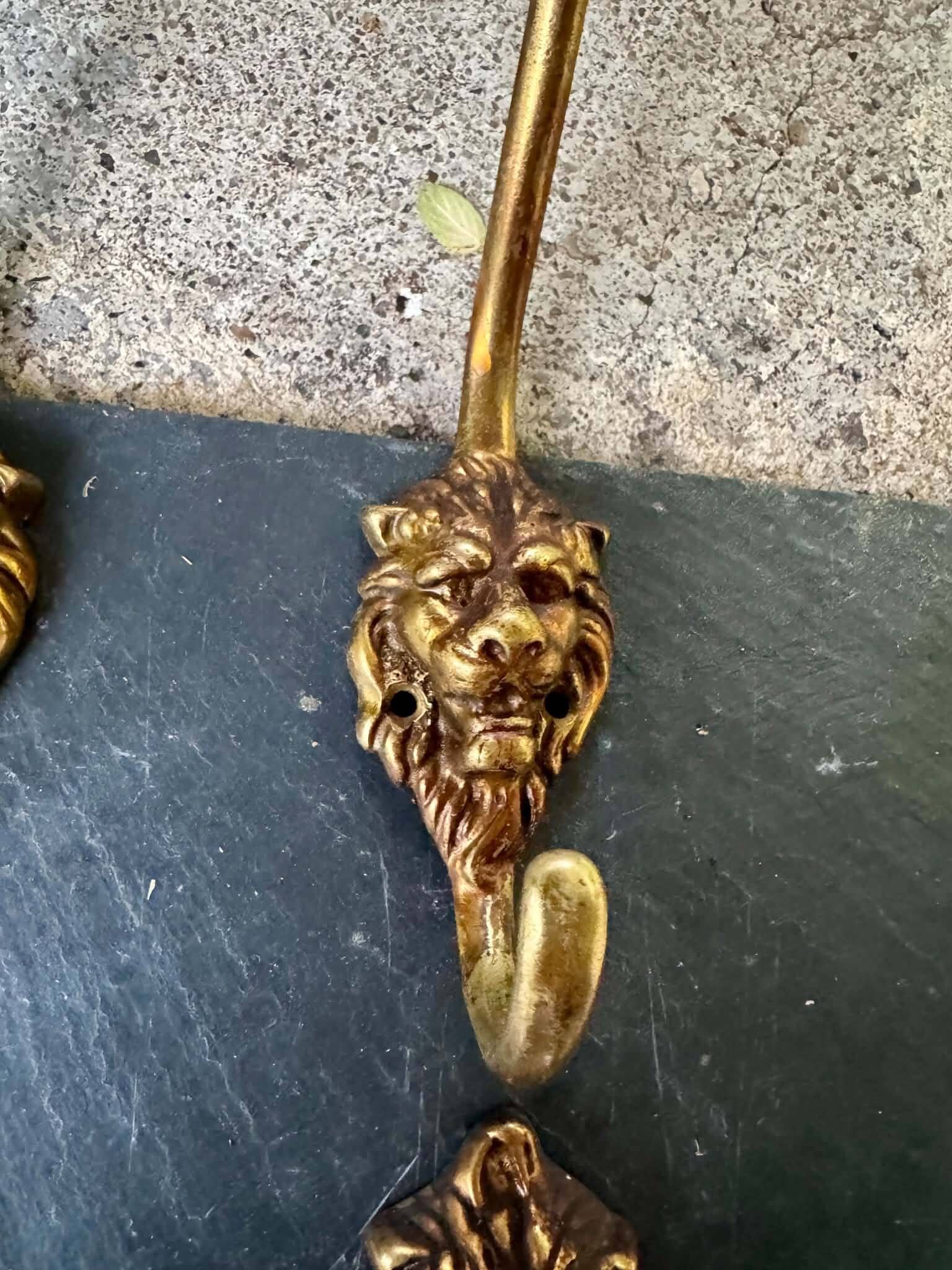 4 lion coat hooks in solid brass Art Nouveau