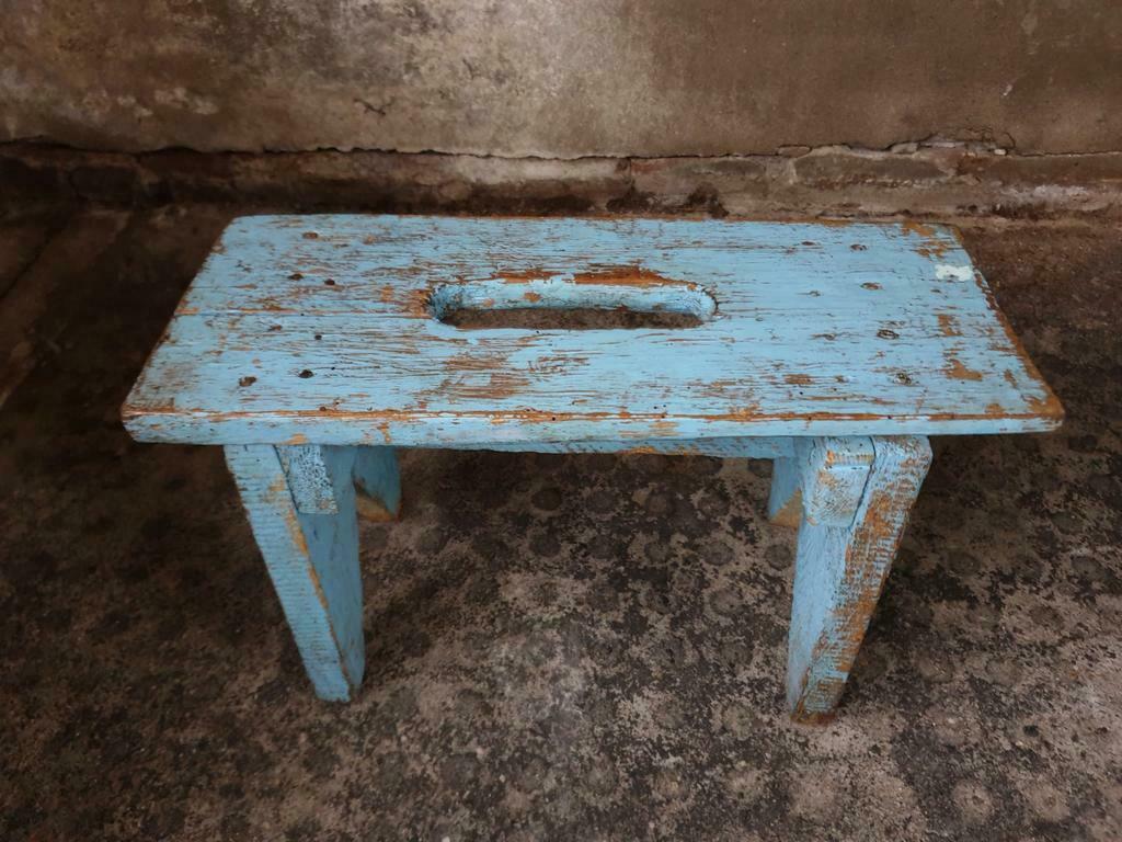 Brocante wooden bench stool etagere light blue
