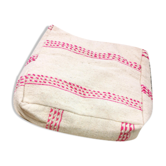 Berber kilim ottoman cover with fuchsia pink stripes