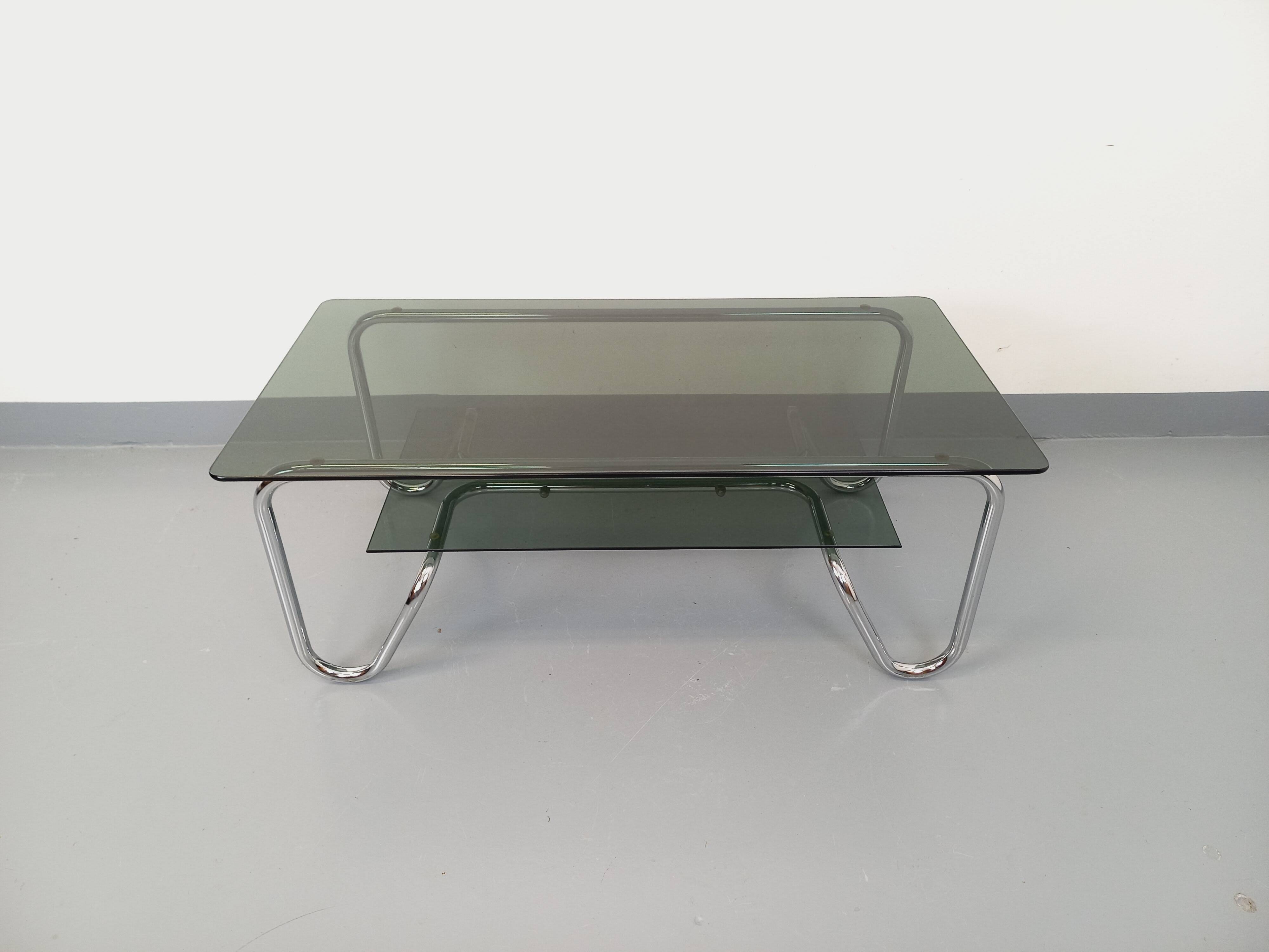 Vintage Italian rectangular coffee table with 2 smoked glass tops