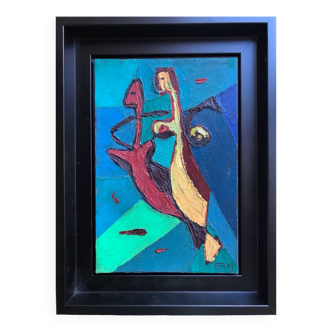 Oil on canvas board by rené marie (1909-1973). seahorses