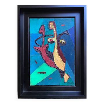 Oil on canvas board by rené marie (1909-1973). seahorses