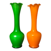 Pair of Vintage 70s Pop Art Opaline Vases – Green & Fluorescent Orange 20cm