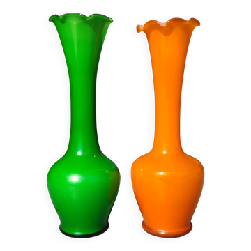 Paire de Vases Opaline Vintage 70s Pop Art – Vert & Orange Fluo 20cm