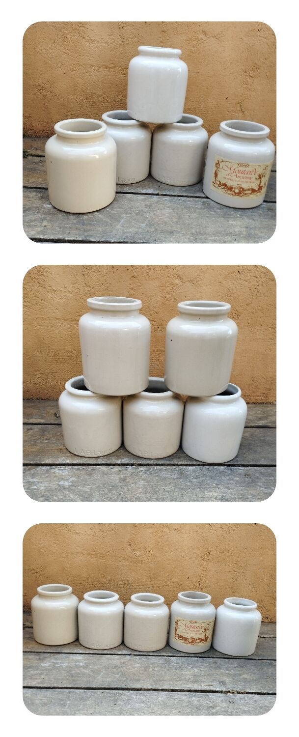 4 old stoneware mustard pots, lab Lagny, vintage France circa 1950/1960