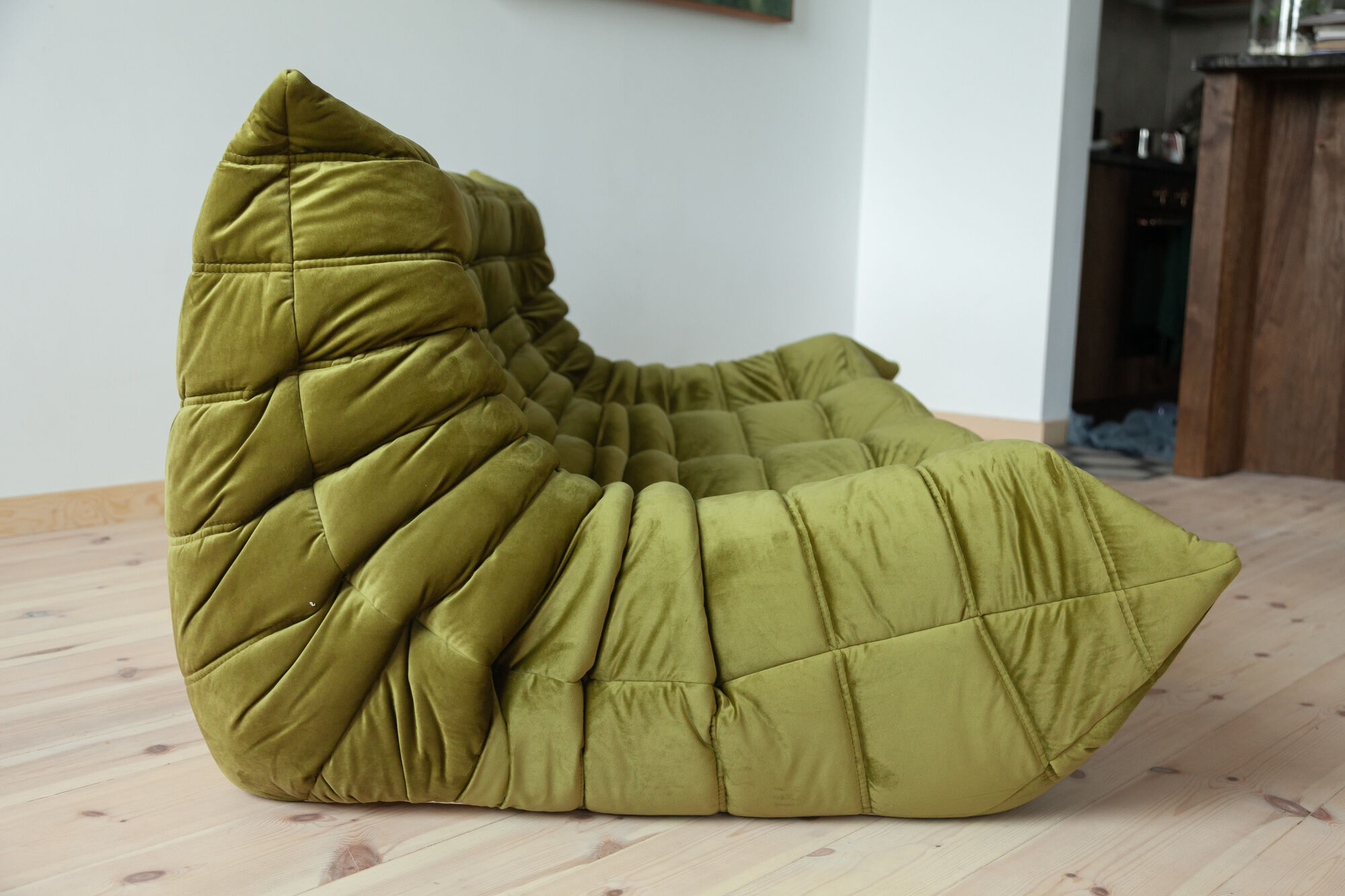 3-seater Togo green velvet sofa designed by Michel Ducaroy 1973