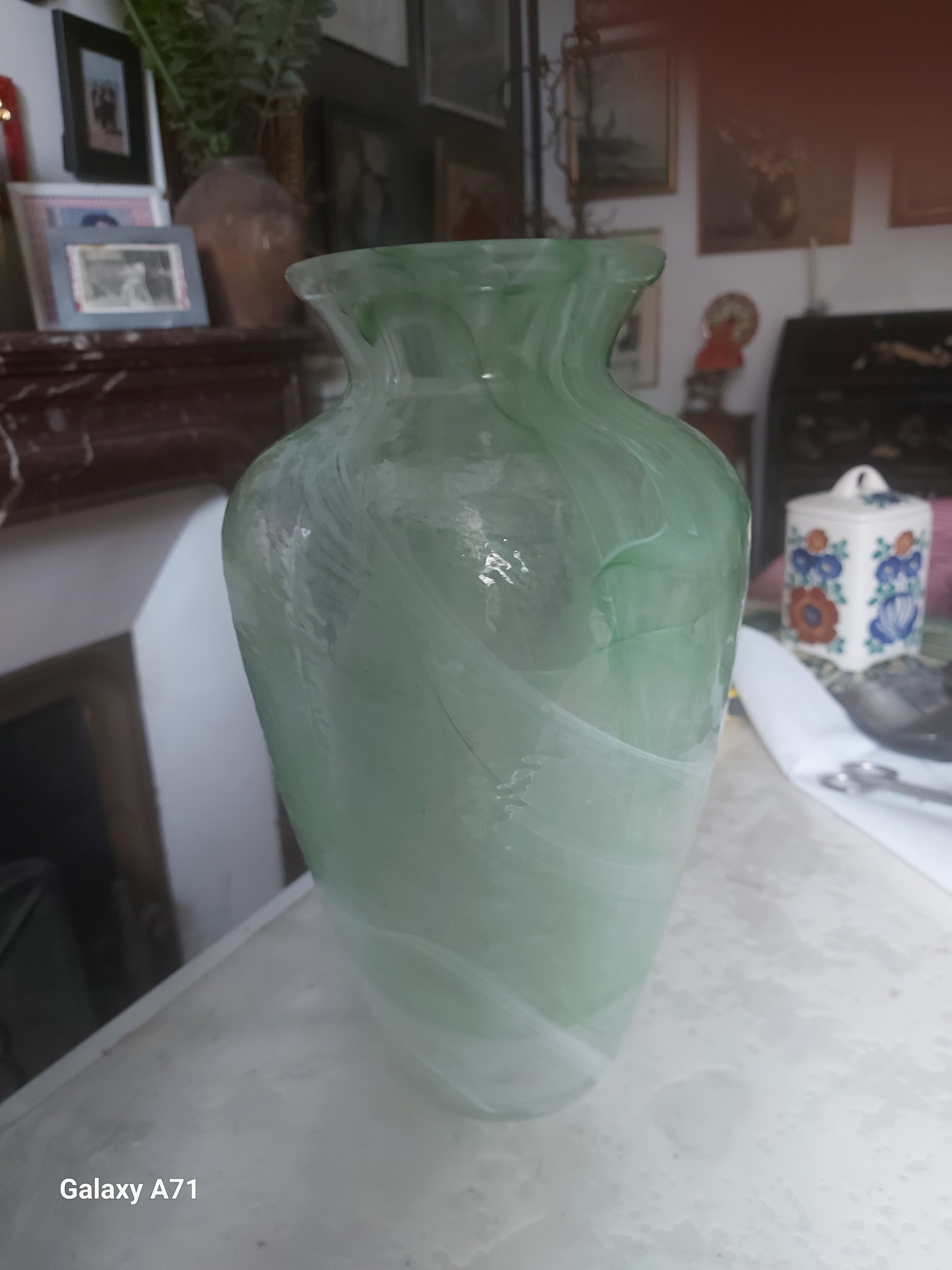 Frosted green and white glass vase