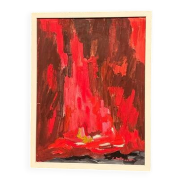 Huile su panneau suédoise – « Composition abstraite en rouge » par Rune Pettersson