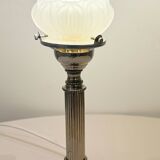 Empire chrome and opaline tulip pleated antique Art Deco bedside lamp