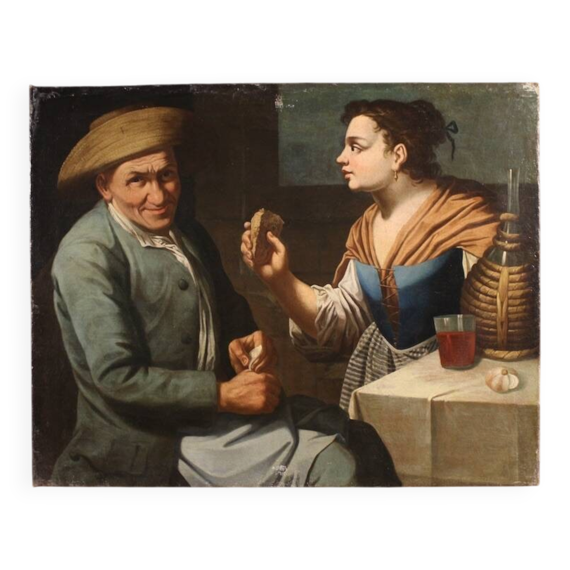 Antique Lombard painting from the 17th century, interior scene