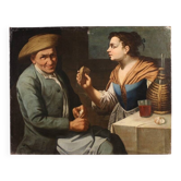 Peinture lombarde antique du XVIIe siècle, scène d'intérieur.