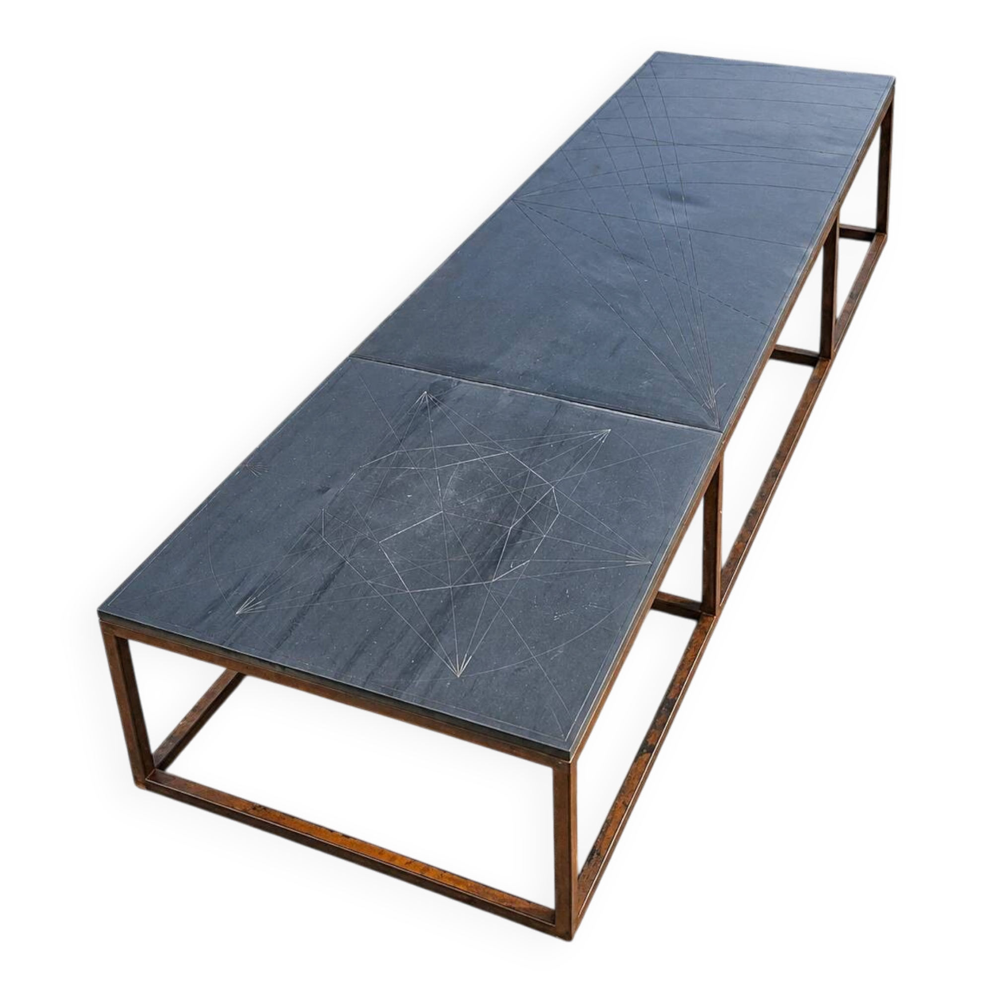 Weighty coffee table with solid iron frame and stone slate table tops, made on commission by architect Alex Vervoordt, Belgium 1990s