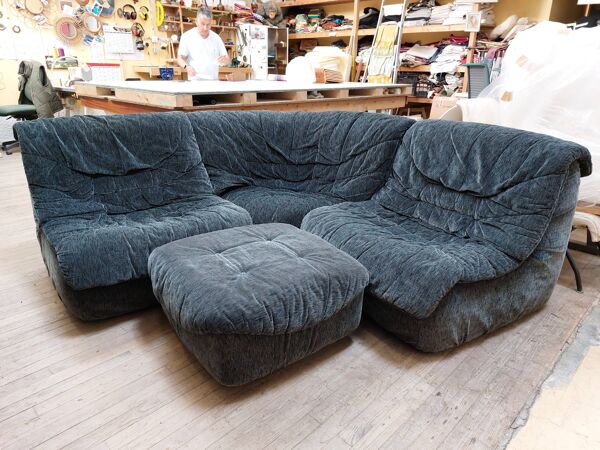 Canapé d'angle modulable chauffeuses et pouf vintage Steiner - Années 80