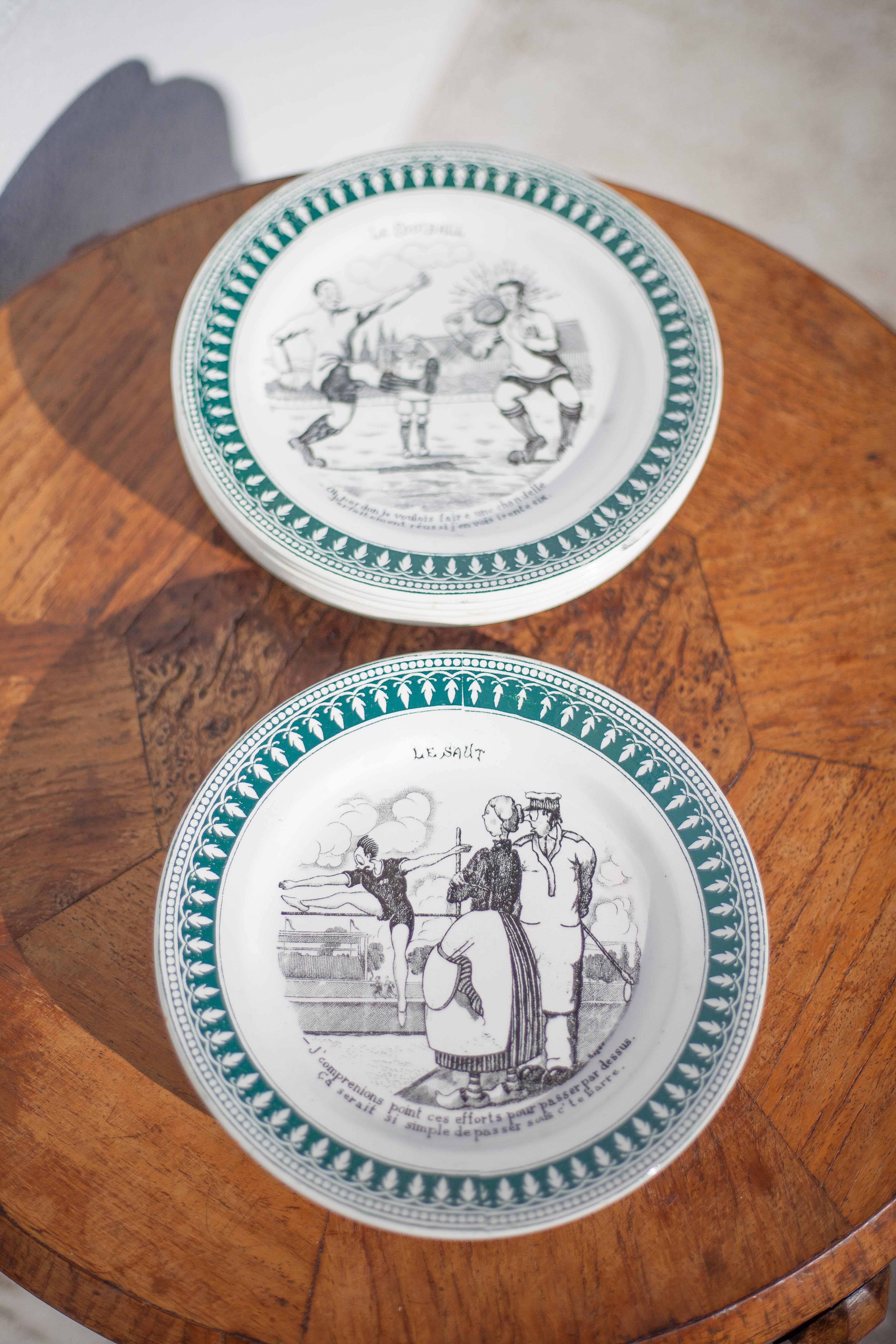 Service ceramic dessert plate St Amand x 11, cheese plate, talking plate theme sport