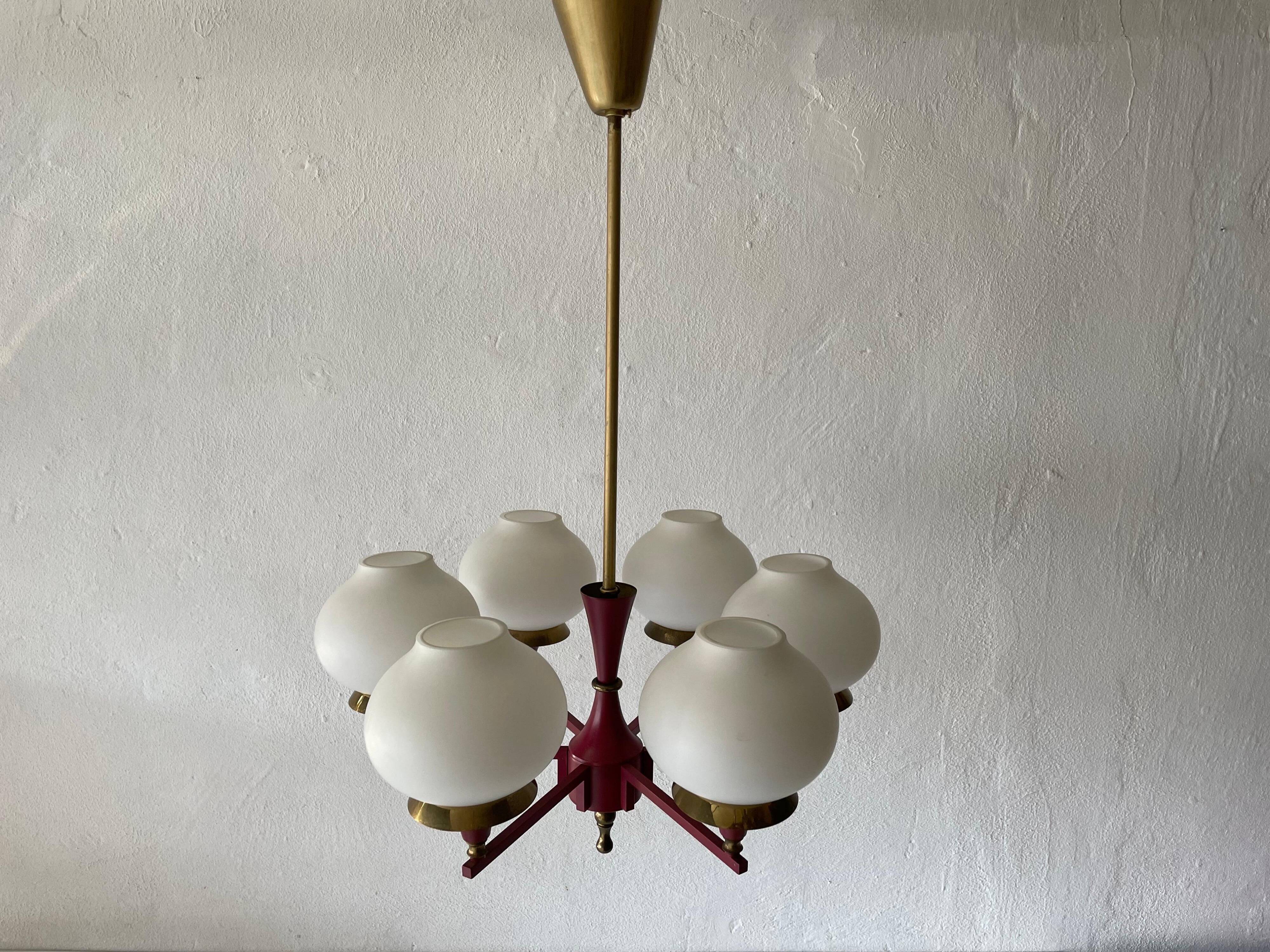 6 pendant lamps in glass and burgundy brass by Hans-Agne Jakobsson, 1960s, Sweden