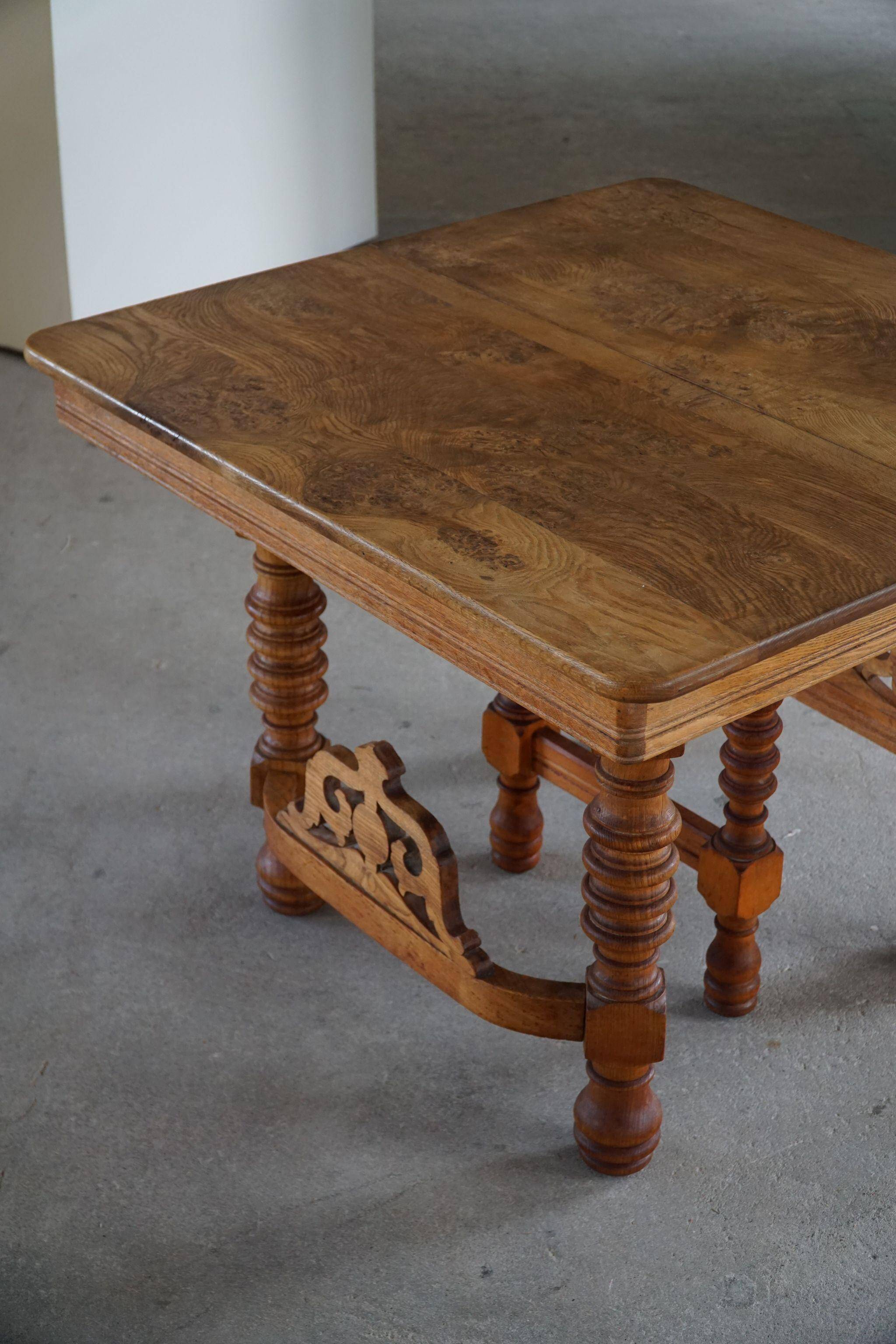 Square dining room/office table from the 19th century, baroque, Danish cabinetmaker.